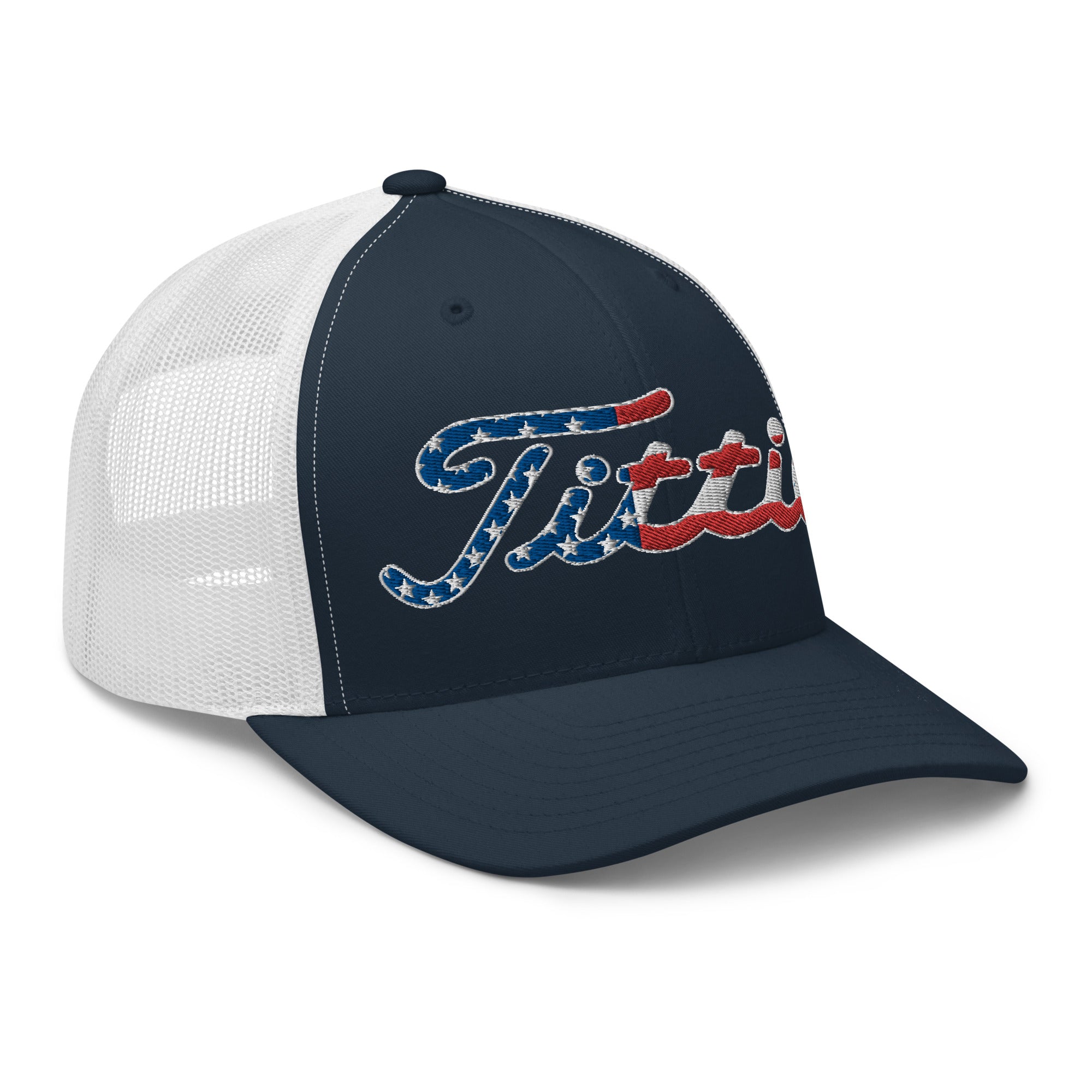USA Titties Navy/White Patriotic Trucker Hat – Yupoong, Mesh Back, Adjustable – Men’s